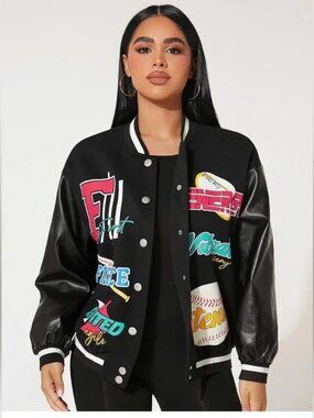 SHEIN Varsity Jacket Black Faux Leather Sleeve Graphic Letterman, Size Large